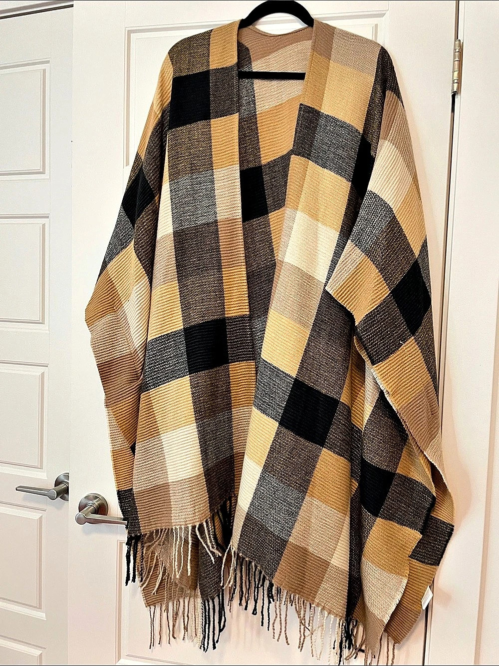 Plaid Fringed Wrap in Brown & Black Like New